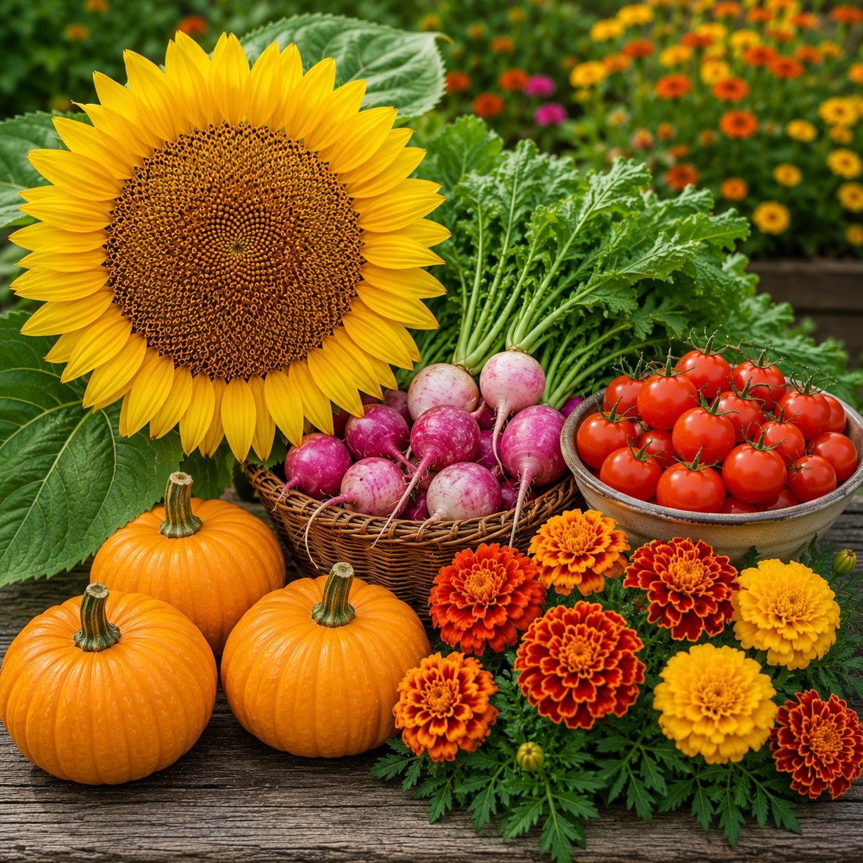 Family-friendly garden featuring giant sunflowers, cherry tomatoes, Easter Egg radishes, Jack Be Little pumpkins, and colorful marigolds.