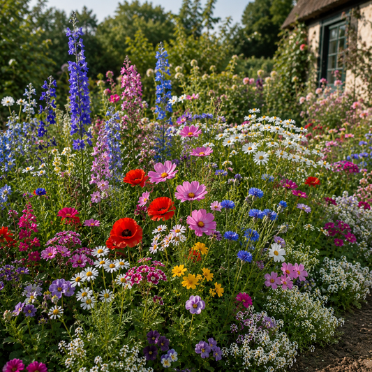 Cottage Garden Flower Mix with cosmos, poppies, cornflowers, larkspur, daisies, sweet alyssum, zinnias, and violas in full bloom.