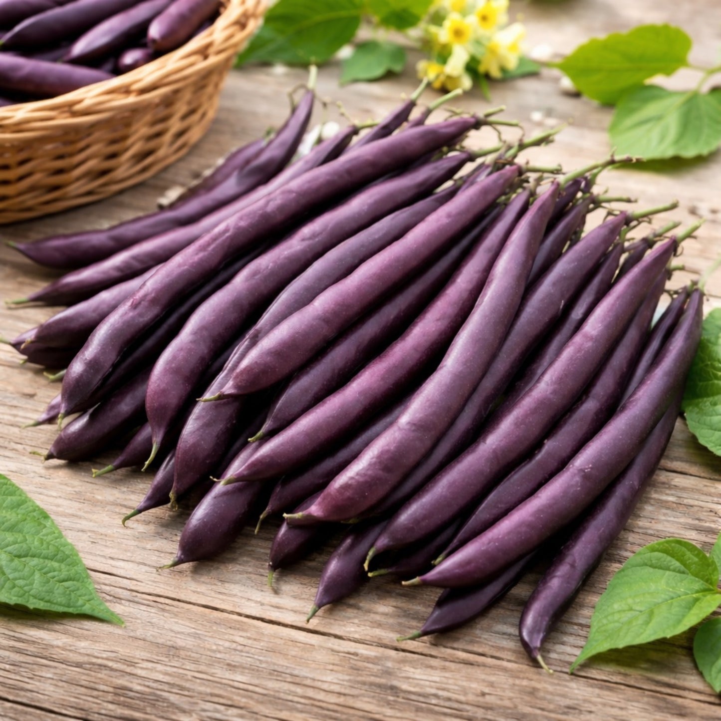 Purple beans on a wooden surface with leaves and a basket in the background