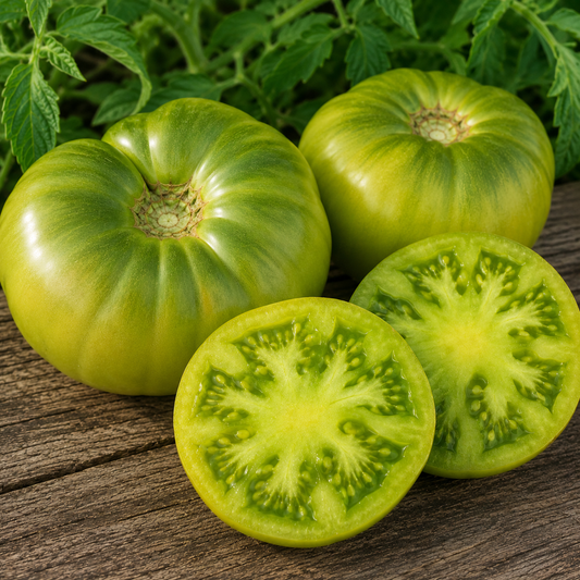 Large Aunt Ruby's German Green heirloom tomatoes with green-when-ripe fruit, darker green shoulders, and bright chartreuse-green flesh displayed on a rustic wooden surface.