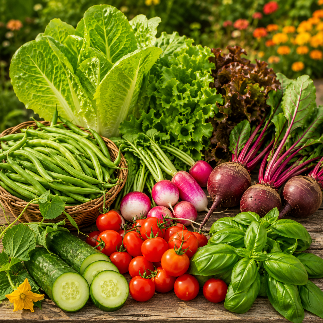 Fresh harvest of Blue Lake bush beans, romaine lettuce, Grand Rapids lettuce, Ruby Queen beets, Easter Egg radishes, Straight Eight cucumbers, cherry tomatoes, and Genovese basil from a beginner vegetable garden.