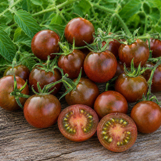 Clusters of Black Cherry heirloom tomatoes with dark mahogany-purple fruits growing on the vine.