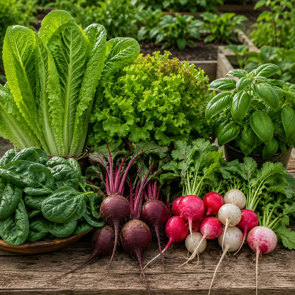 Affordable vegetable garden featuring lettuce, spinach, beets, radishes, and basil growing in a productive backyard garden.