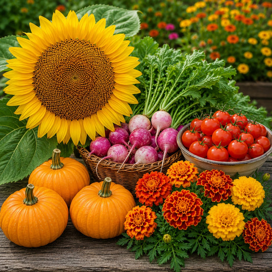 Family-friendly garden featuring giant sunflowers, cherry tomatoes, Easter Egg radishes, Jack Be Little pumpkins, and colorful marigolds.