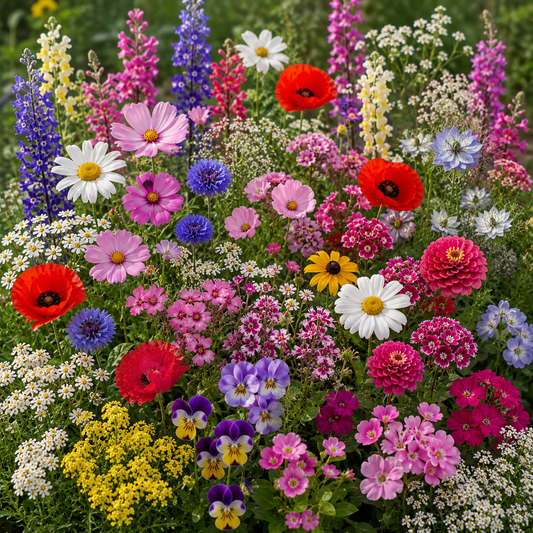 Cottage Garden Flower Mix featuring cosmos, cornflowers, poppies, larkspur, zinnias, sweet alyssum, love-in-a-mist, sweet william, violas, daisies, and colorful heirloom flowers in bloom.