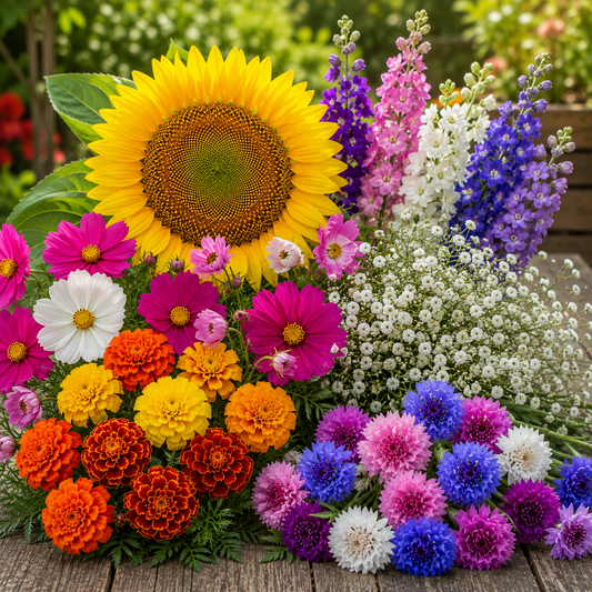Colorful cut flower garden with sunflowers, cosmos, bachelor's buttons, baby's breath, larkspur, and marigolds arranged in a bouquet-style display.