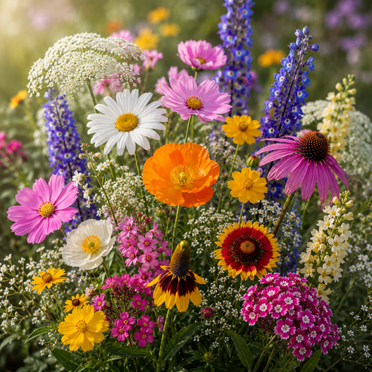 Cut Flower Mix featuring cosmos, larkspur, China asters, Iceland poppies, lupines, coneflowers, Shasta daisies, sweet william, and colorful bouquet flowers in bloom.