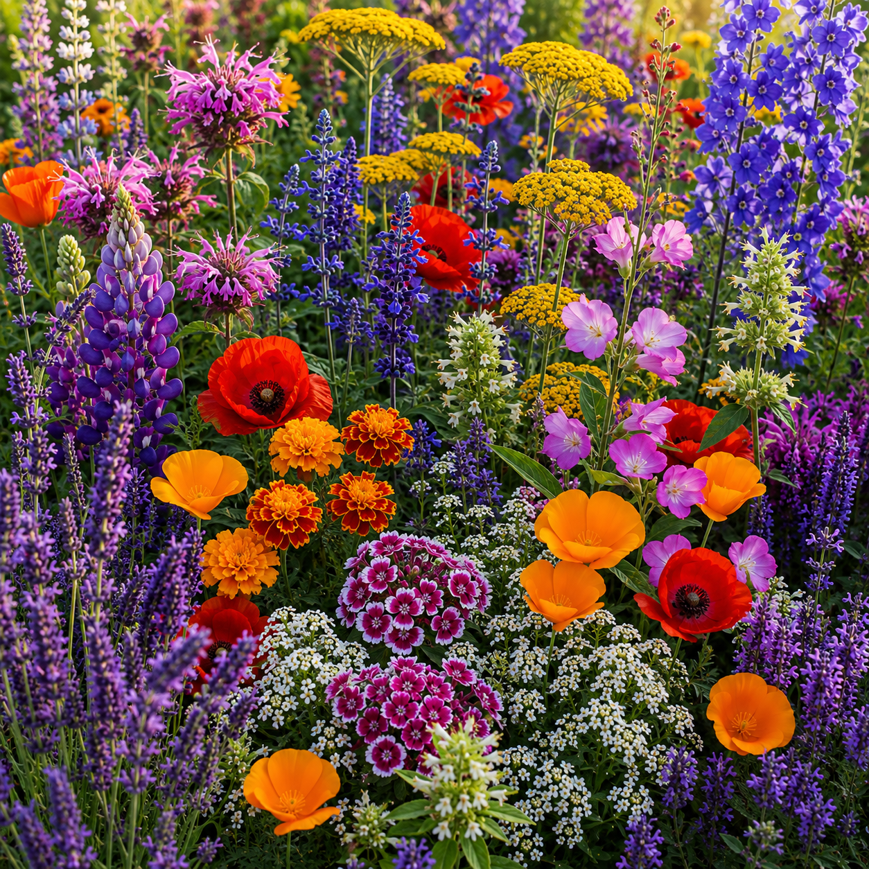 Deer Resistant Flower Mix featuring lavender, rocket larkspur, lupine, bergamot, blue sage, California poppies, corn poppies, sweet alyssum, sweet william, marigolds, and gold yarrow in full bloom.