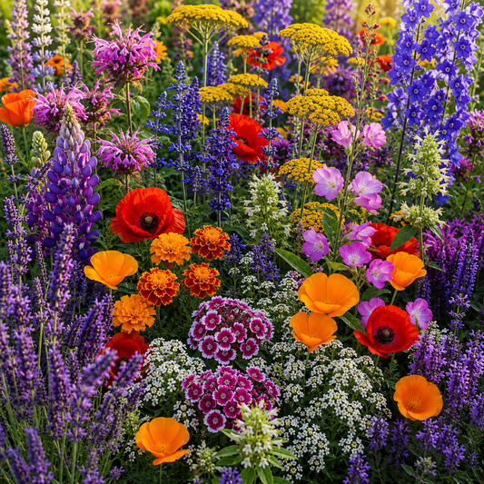Deer Resistant Flower Mix featuring lavender, rocket larkspur, lupine, bergamot, blue sage, California poppies, corn poppies, sweet alyssum, sweet william, marigolds, and gold yarrow in full bloom.