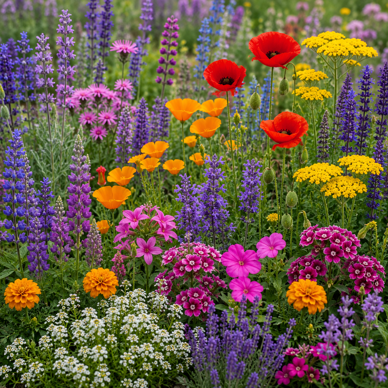 Colorful flower field with red, orange, yellow, and purple flowers.