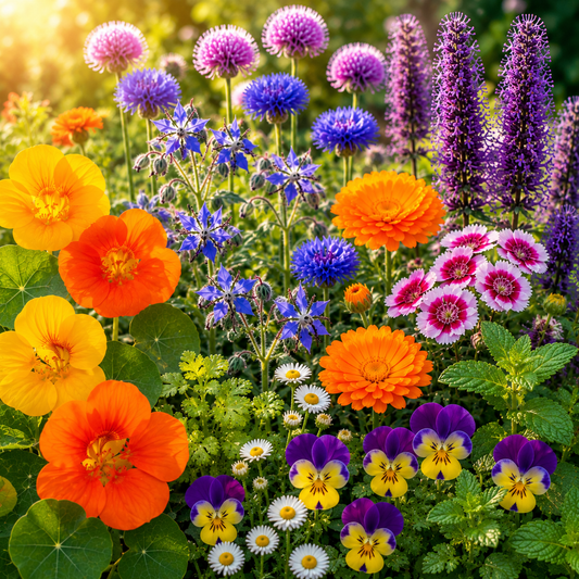 Edible Flower Garden Mix with nasturtiums, pansies, borage, calendula, chive blossoms, cilantro, cornflowers, Johnny jump-ups, and edible flowers for culinary gardens.