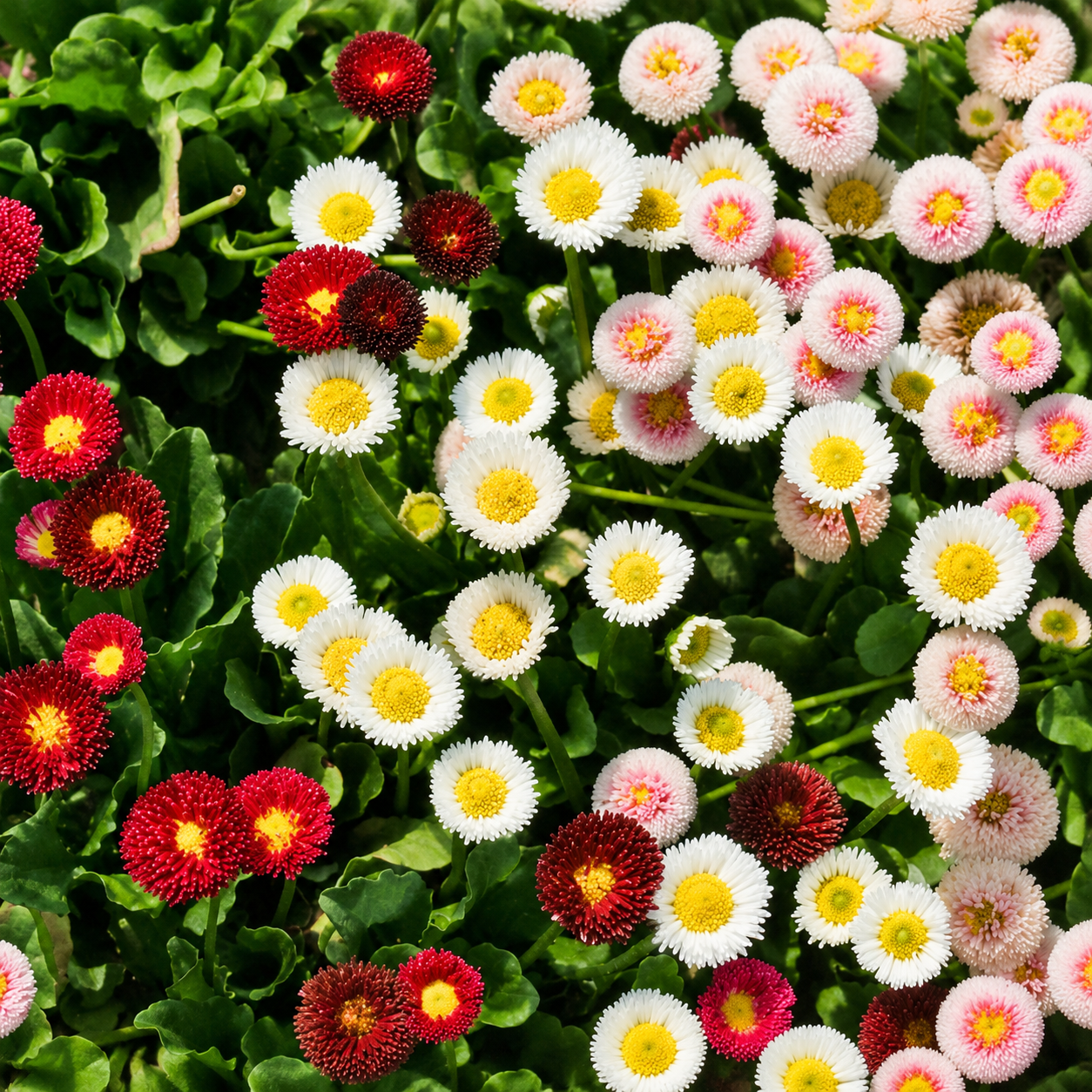 English Daisy Mix flowers in shades of red, pink, and white with bright yellow centers growing in a dense garden planting