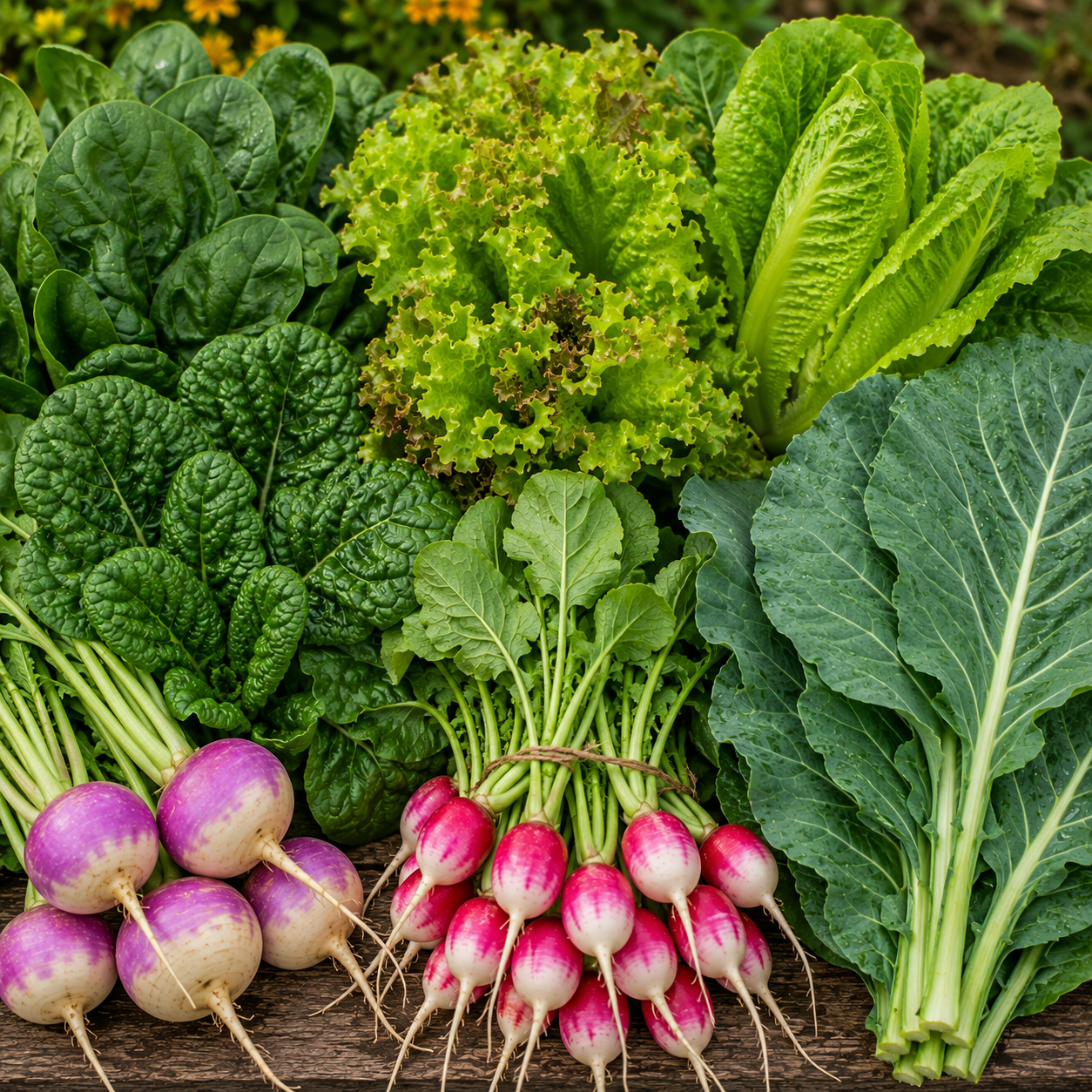 Cool-season vegetable garden harvest with spinach, romaine lettuce, Grand Rapids lettuce, Southern Georgia collards, Purple Top turnips, and Easter Egg radishes.