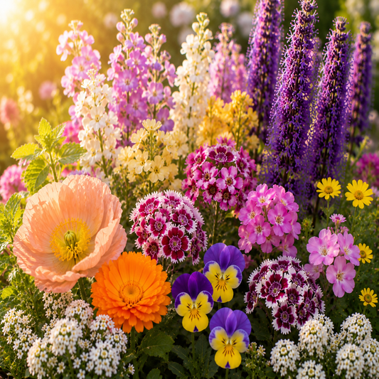 Fragrant Flower Garden Mix with sweet alyssum, sweet william, calendula, scented stock, sweet mignonette, Iceland poppies, lemon mint, and fragrant cottage garden flowers.