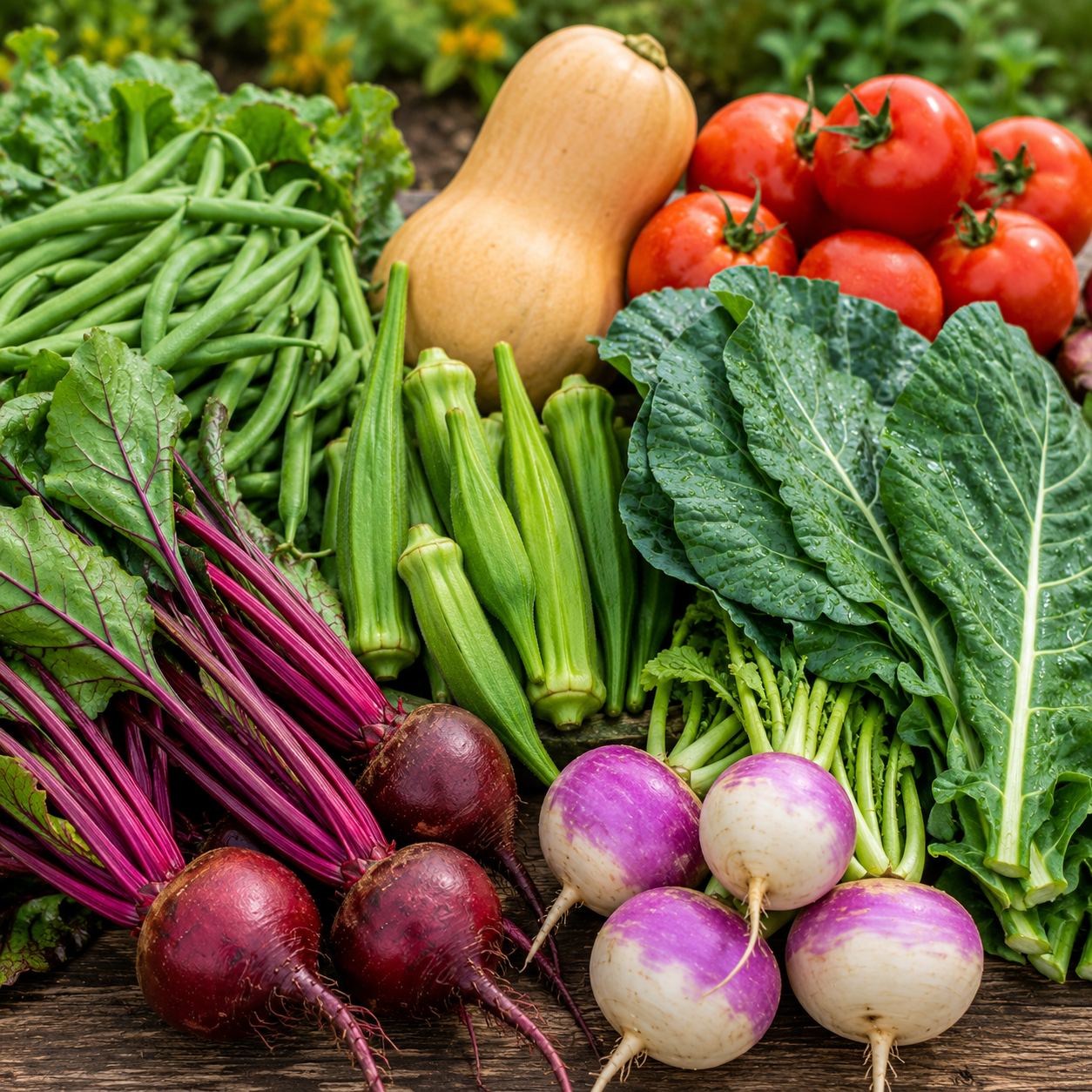 Homestead garden harvest featuring Contender bush beans, Ruby Queen beets, Clemson Spineless okra, butternut squash, Roma tomatoes, collards, and turnips.
