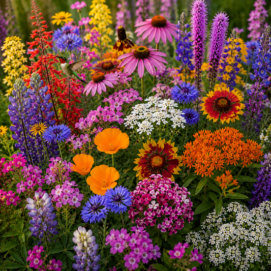 Hummingbird Flower Mix featuring colorful lupines, coneflowers, cornflowers, California poppies, sweet william, alyssum, and a ruby-throated hummingbird visiting nectar-rich blooms.