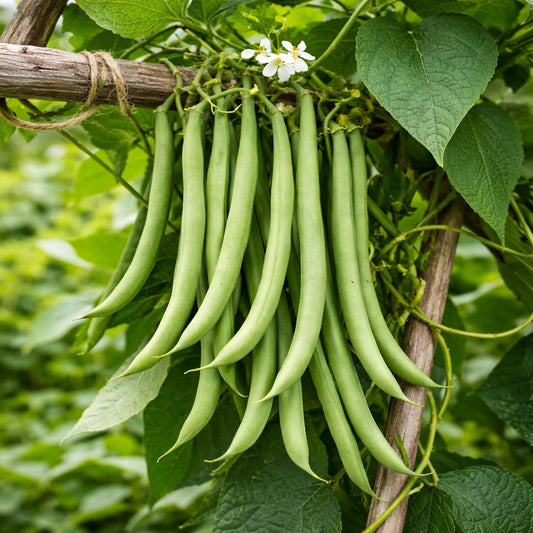 Kentucky Blue Pole Beans growing on climbing vines with long green pods ready for harvest