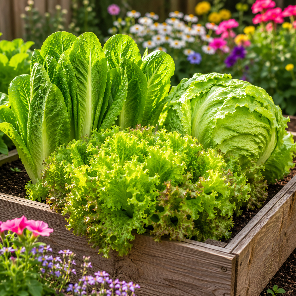 Bulk lettuce seed packet bundle featuring romaine, iceberg, and Grand Rapids lettuce growing in a raised garden bed.