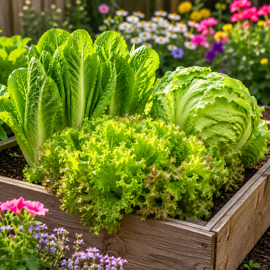 Bulk lettuce seed packet bundle featuring romaine, iceberg, and Grand Rapids lettuce growing in a raised garden bed.