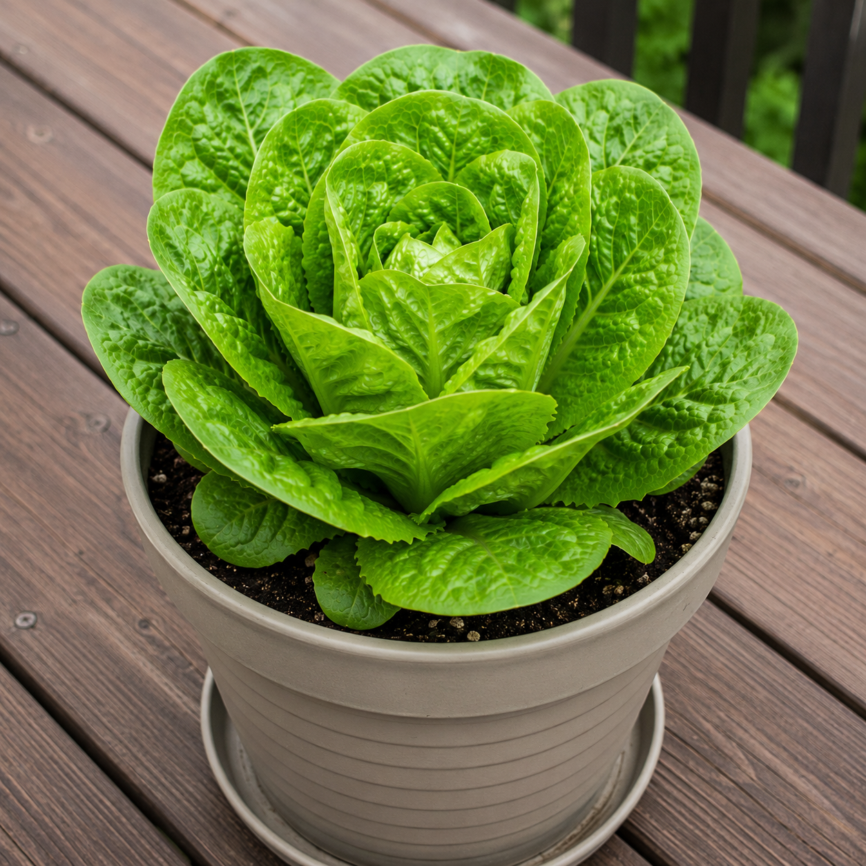 Little Gem Romaine Lettuce growing in a container pot on a wooden deck