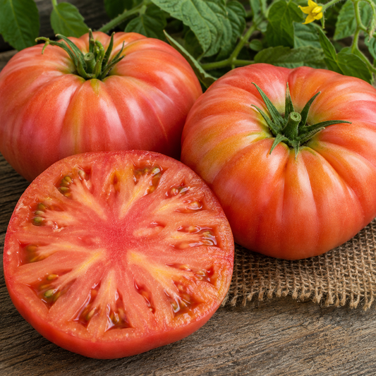 Large pink Marianna's Peace heirloom tomatoes with meaty flesh and rich pink interior displayed on a rustic wooden surface.