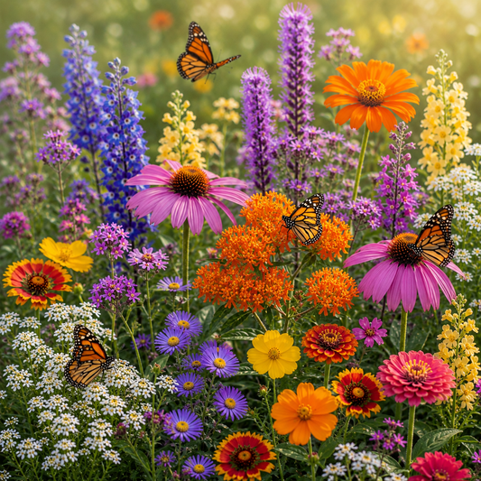 Monarch Butterfly Flower Mix with butterfly milkweed, Mexican sunflower, gayfeather, purple coneflowers, smooth asters, sulphur cosmos, zinnias, and pollinator-friendly flowers.