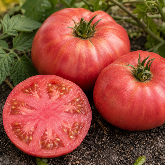 Large pink-red Mortgage Lifter heirloom tomatoes with meaty flesh growing in a garden, including a sliced tomato showing its juicy interior.