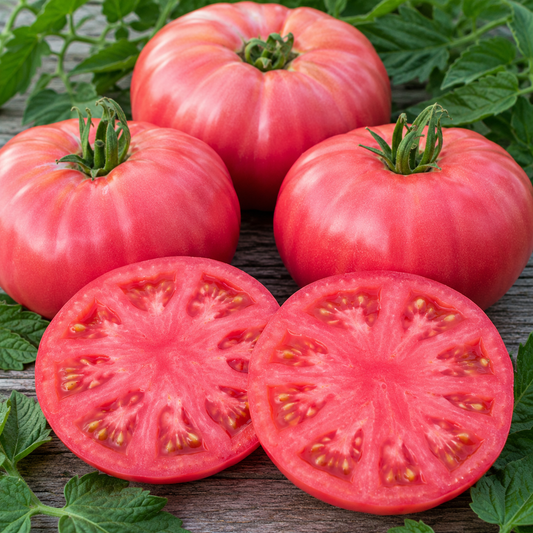 Large pink Pruden's Purple heirloom beefsteak tomatoes on a wooden surface