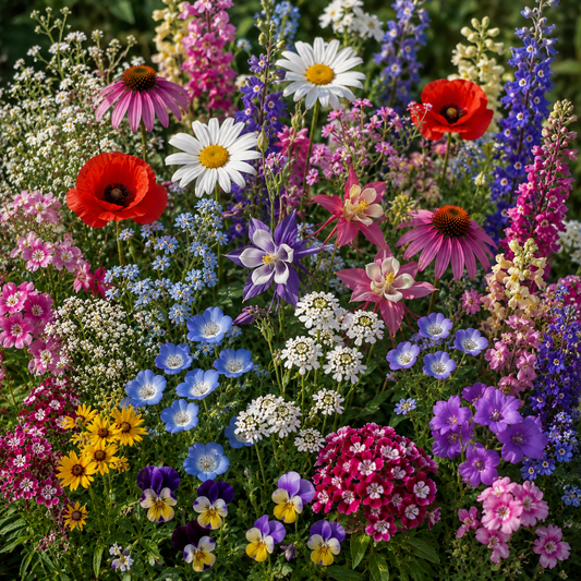 Shade Flower Seed Mix with Annual Baby's Breath, Baby Blue Eyes, Candytuft, Chinese Forget Me Not, Chinese Houses, Clarkia, Corn Poppy, Dwarf Columbine, Giant Columbine, Johnny Jump Up, Lance Leaved Coreopsis, Purple Coneflower, Rocket Larkspur, Shasta Daisy, Spurred Snapdragon, Sweet William Pinks, and Tussock Bellflower.