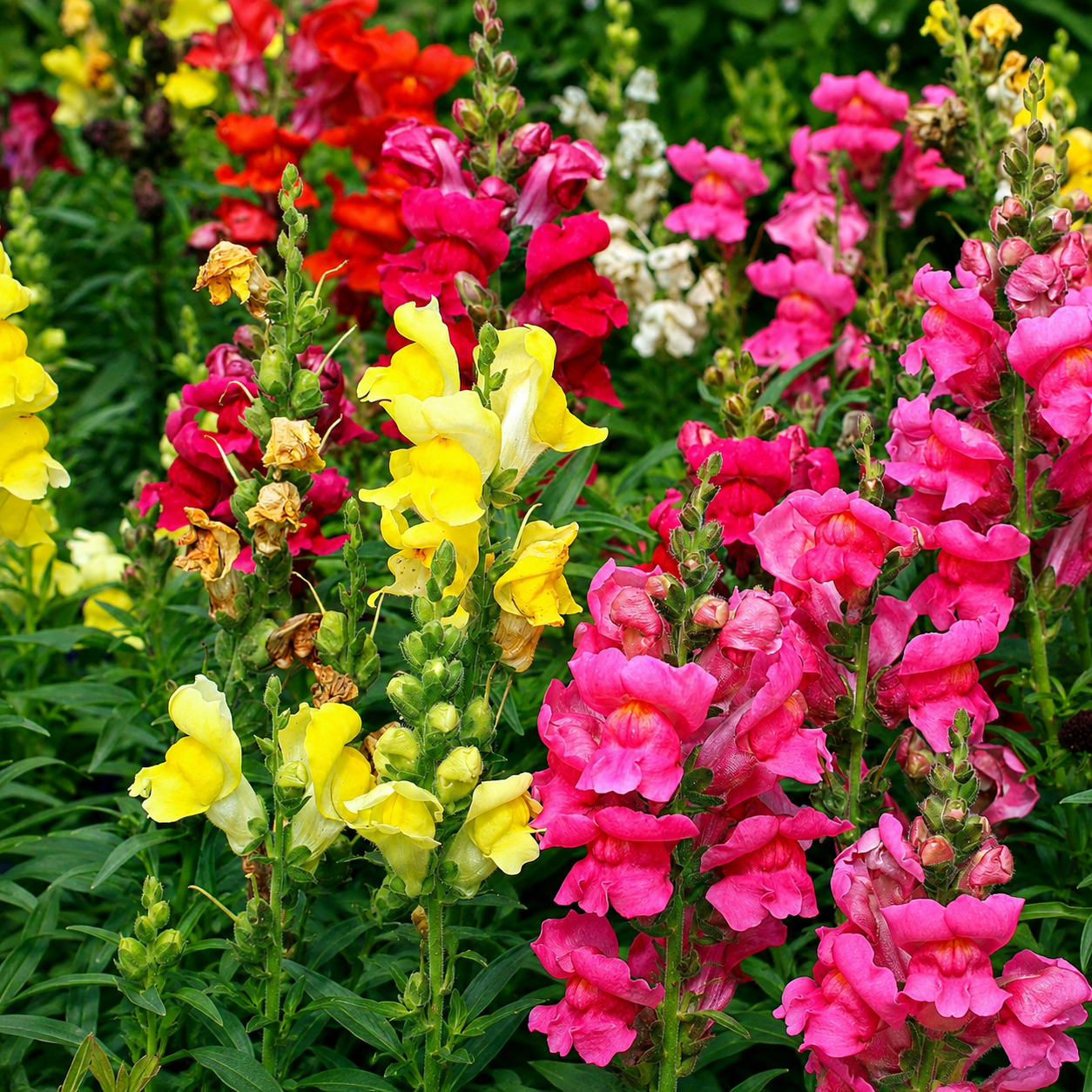 Snapdragon Tetra Mix flowers blooming in shades of pink, red, yellow, white, orange, and purple on tall flower spikes