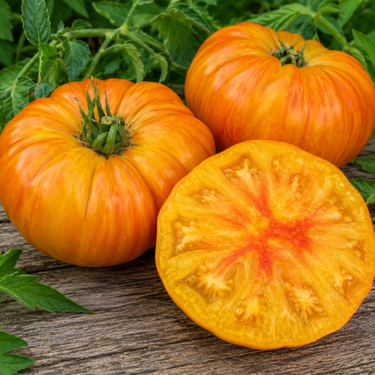 Large Striped German heirloom tomatoes with golden-yellow skin, red striping, and beautifully marbled yellow-and-red flesh displayed on a rustic wooden surface.