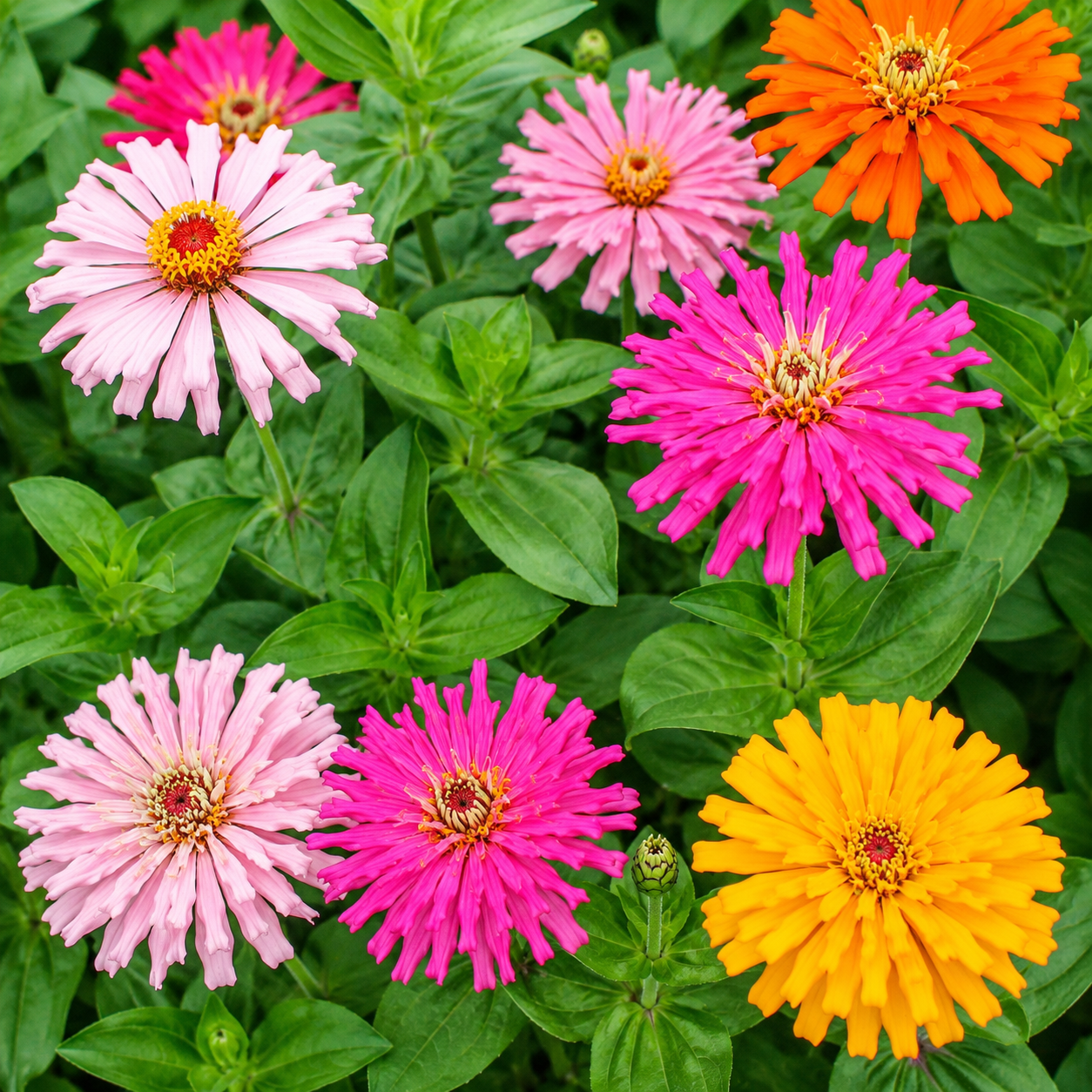 Zinnia Cactus Flowered Mix blooms in vibrant shades of pink, red, orange, yellow, and white with spiky petals